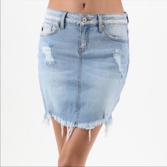 KanCan Dresses & Skirts - Light Wash Denim Fringe Mini Skirt